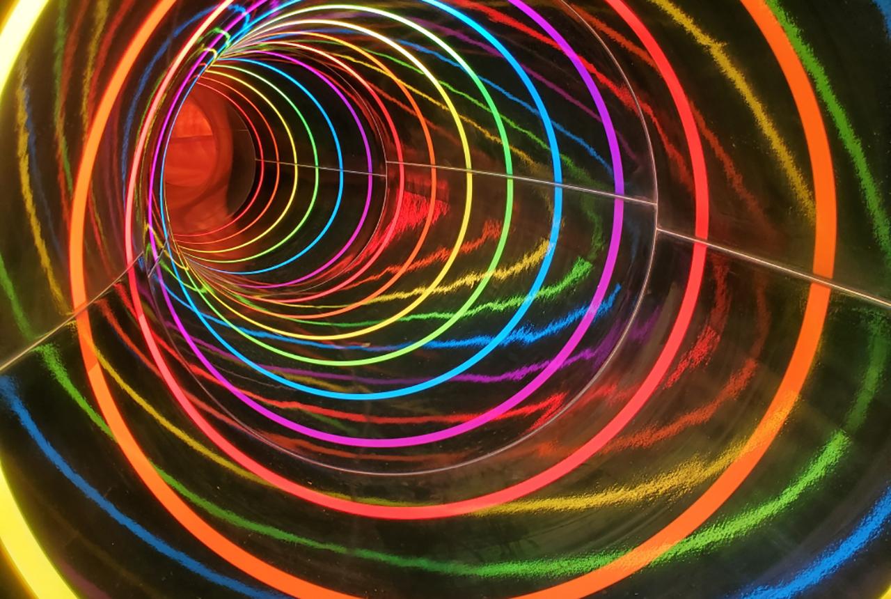 Inside the rainbow slide at the Outdoor WaterPark