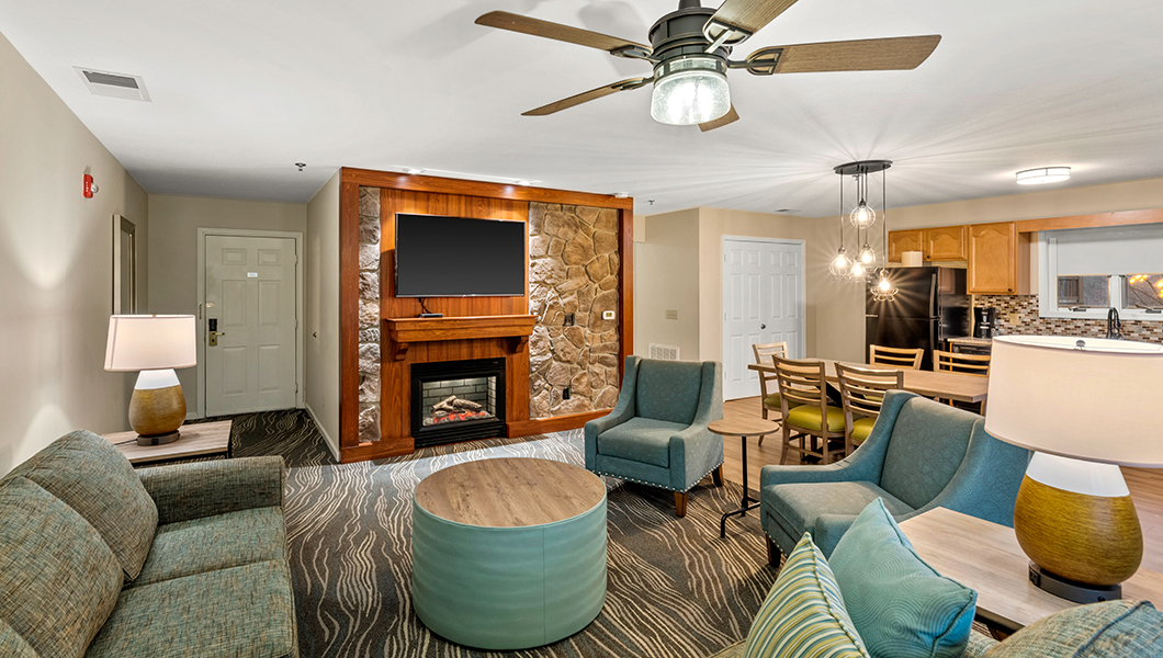 Woodstone Condo living room view into kitchen